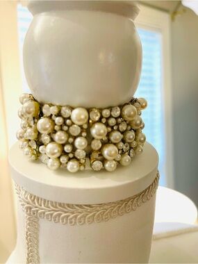 Pearl & Crystal Statement Cuff Bracelet - Ivory Pearls